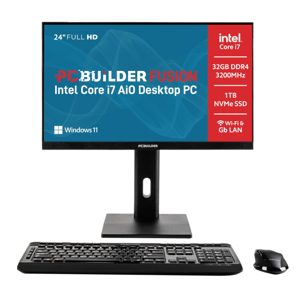PCBuilder Fusion AiO Desktop PC with 24" Full HD display, Intel Core i9 support, and Wi-Fi 6