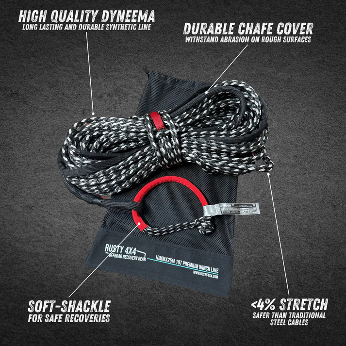 Rusty 4x4 10-Ton Winch Line Combo with soft shackle deployed during off-road recovery, rated to 21,000 lbs for heavy-duty extractions